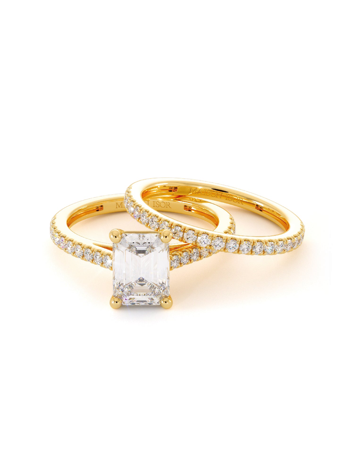 Duo de bagues de fiançailles et alliance en or jaune 18 carats, pierre centrale en taille émeraude