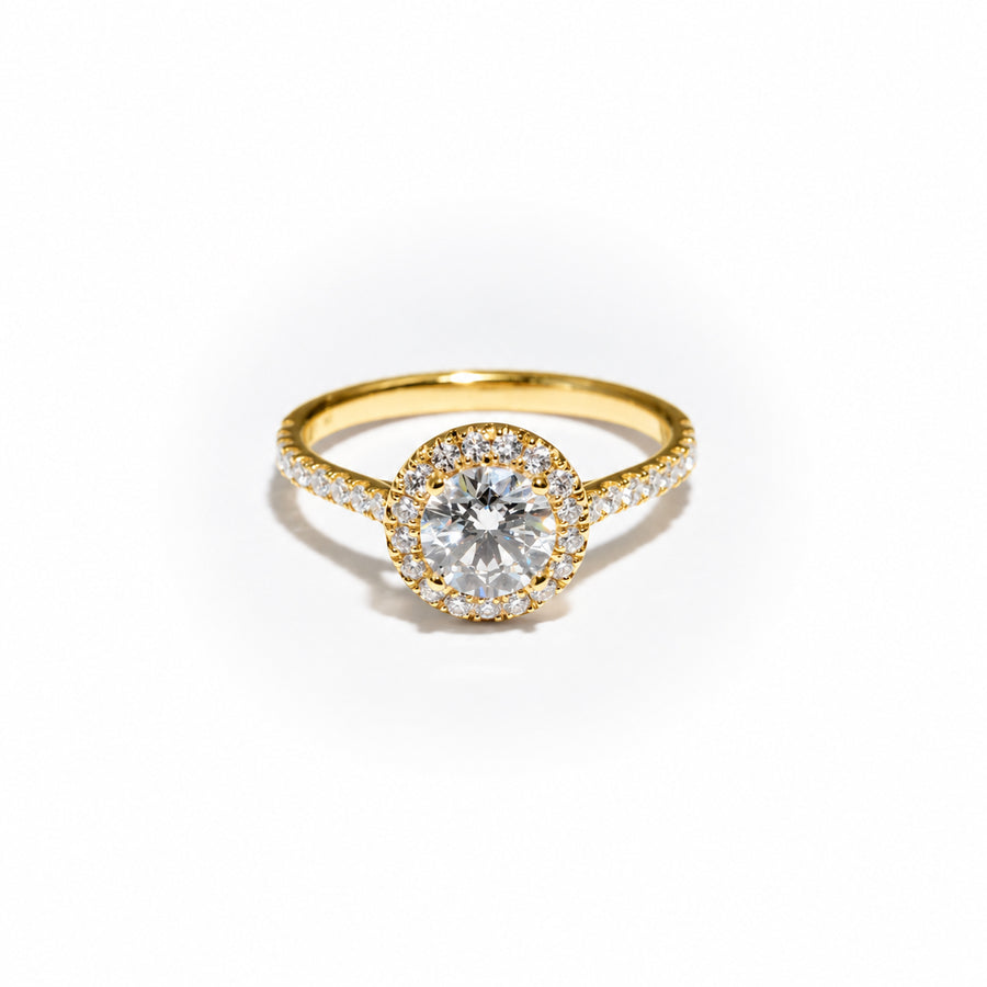Bague halo, diamant rond 0,90 ct, or jaune