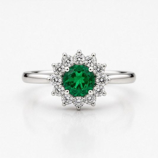 Solitaire vert délicat, émeraude ronde entourage de diamants, or blanc