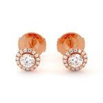 Photo packshot des boucles d'oreilles Orion en diamants naturels et or rose, forme ronde avec halo.