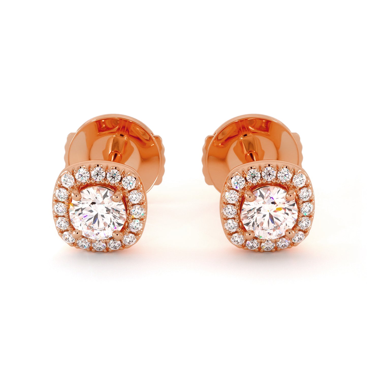 Photo packshot des boucles d'oreilles Pansy en diamants naturels et or rose, forme ronde avec halo.